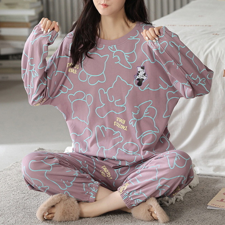 Loose Print Pajamas Women Autumn Winter Pyjama Set Long Sleeves And Trousers Elegant Sleepwear Girl Loungewear Home Clothes | An