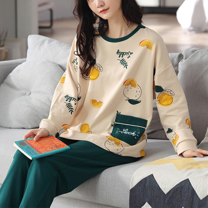 Loose Print Pajamas Women Autumn Winter Pyjama Set Long Sleeves And Trousers Elegant Sleepwear Girl Loungewear Home Clothes | An