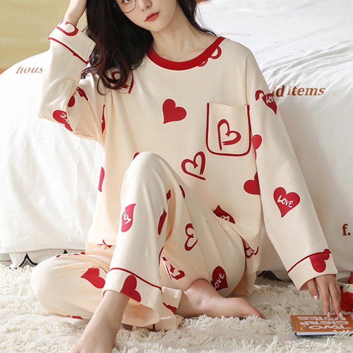 Loose Print Pajamas Women Autumn Winter Pyjama Set Long Sleeves And Trousers Elegant Sleepwear Girl Loungewear Home Clothes | An