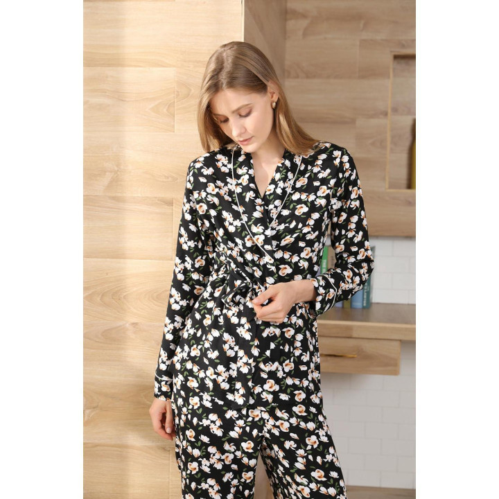 Loungewear Lapel Cardigan Long Sleeve Long Trouser Pyjama Set | Anvare