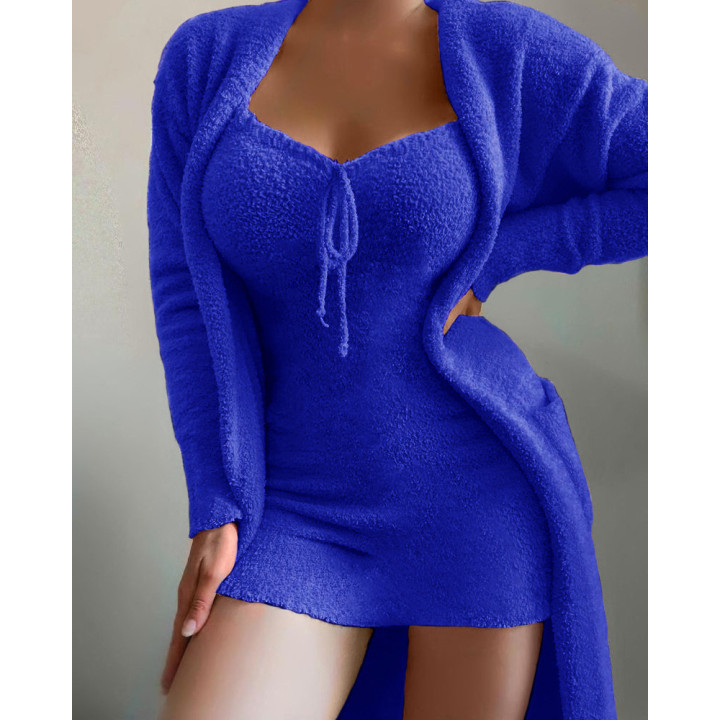 Women's Fashion Solid Colour Plush Camisole Pyjama Cardigan Jacket Set | Anvare