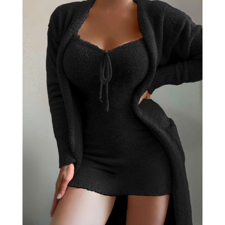Women's Fashion Solid Colour Plush Camisole Pyjama Cardigan Jacket Set | Anvare