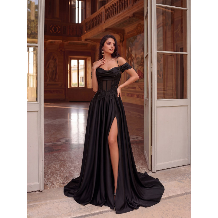 Light Luxury Sheer Lace Satin Evening Dress Off-Shoulder Strap Wedding Dinner Long Dress | Anvare