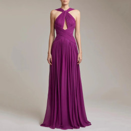 Twist Halter Keyhole Cross Ruched Chiffon Floor Length Evening Maxi Dress | Anvare