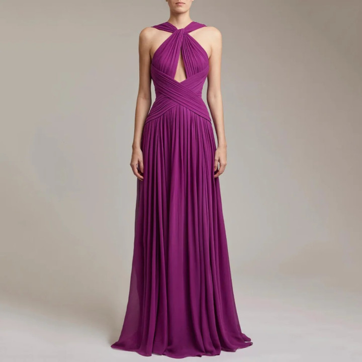 Twist Halter Keyhole Cross Ruched Chiffon Floor Length Evening Maxi Dress | Anvare