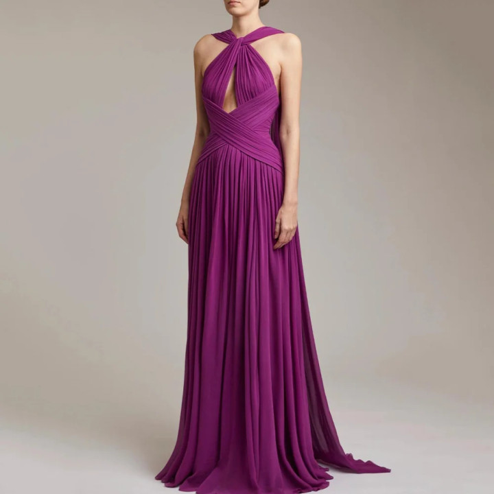 Twist Halter Keyhole Cross Ruched Chiffon Floor Length Evening Maxi Dress | Anvare