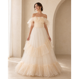 Off-The-Shoulder Ruffle Tiered Tulle Maxi Evening Gown | Anvare