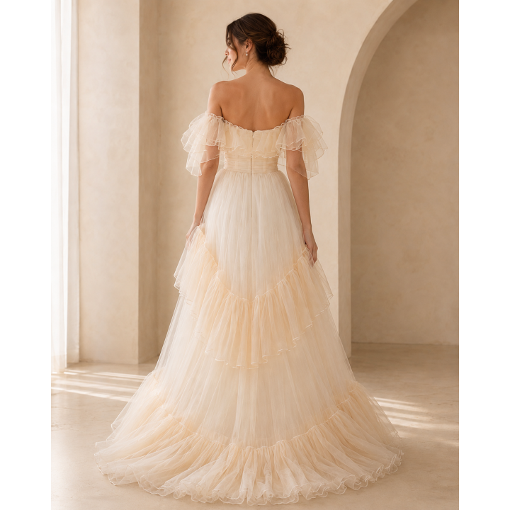 Off-The-Shoulder Ruffle Tiered Tulle Maxi Evening Gown | Anvare
