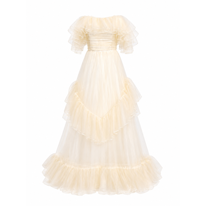 Off-The-Shoulder Ruffle Tiered Tulle Maxi Evening Gown | Anvare