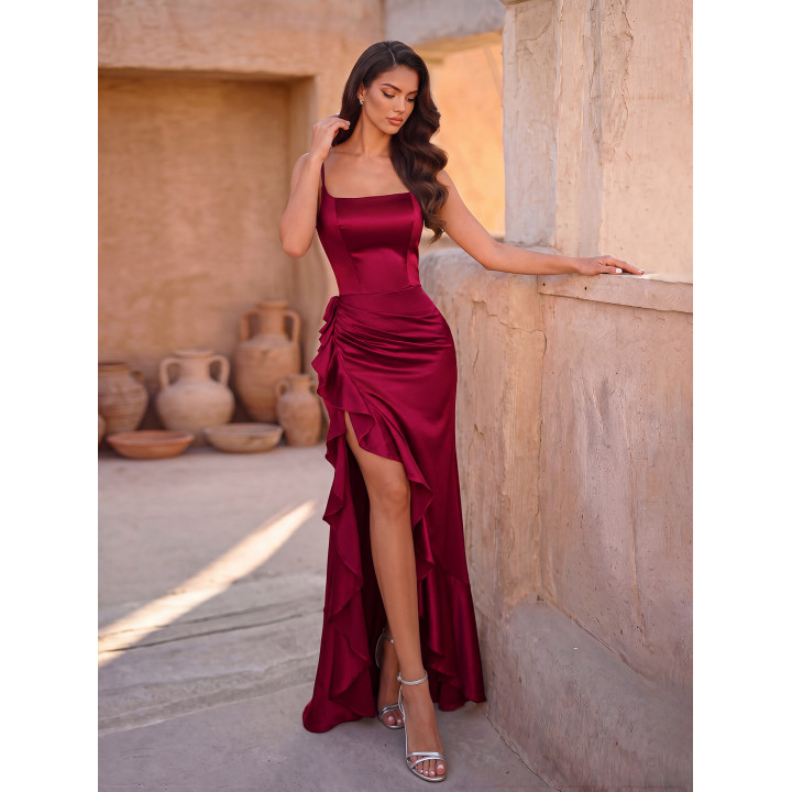 Sexy Wine Red Toasting Long Dress With Thin Straps And Ruffled Lace, Wedding And Party Evening Gown | Anvare