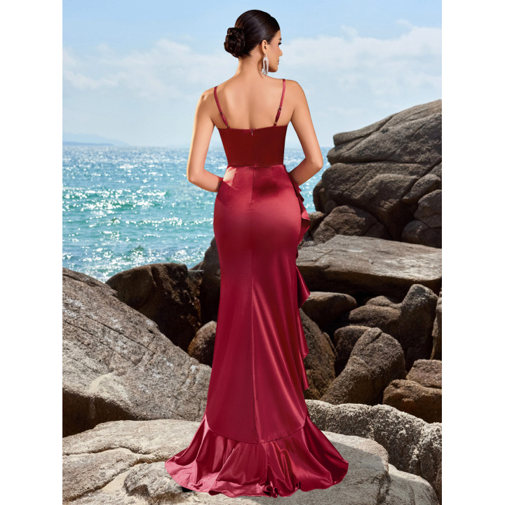 Sexy Wine Red Toasting Long Dress With Thin Straps And Ruffled Lace, Wedding And Party Evening Gown | Anvare