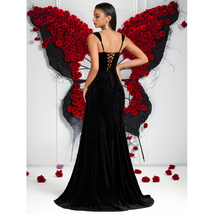 Heavy Embellished Colored Diamond Black Velvet Evening Dress, Retro And Elegant Celebrity-Style Spaghetti Strap Dress | Anvare