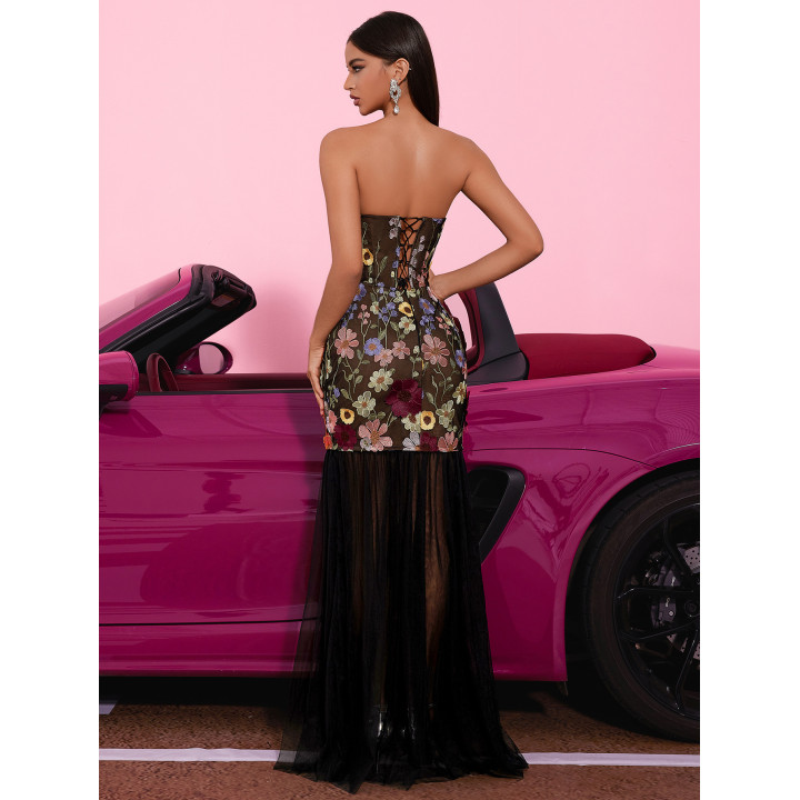Heavy Embroidered 3D Floral Strapless Evening Dress With Tulle Panels, A Classy And Elegant Gown For Dinner Parties | Anvare