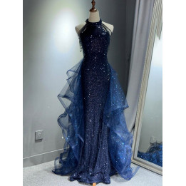 Sequin Halter Beaded Strap Mermaid Ruffle Tulle Train Evening Gown | Anvare