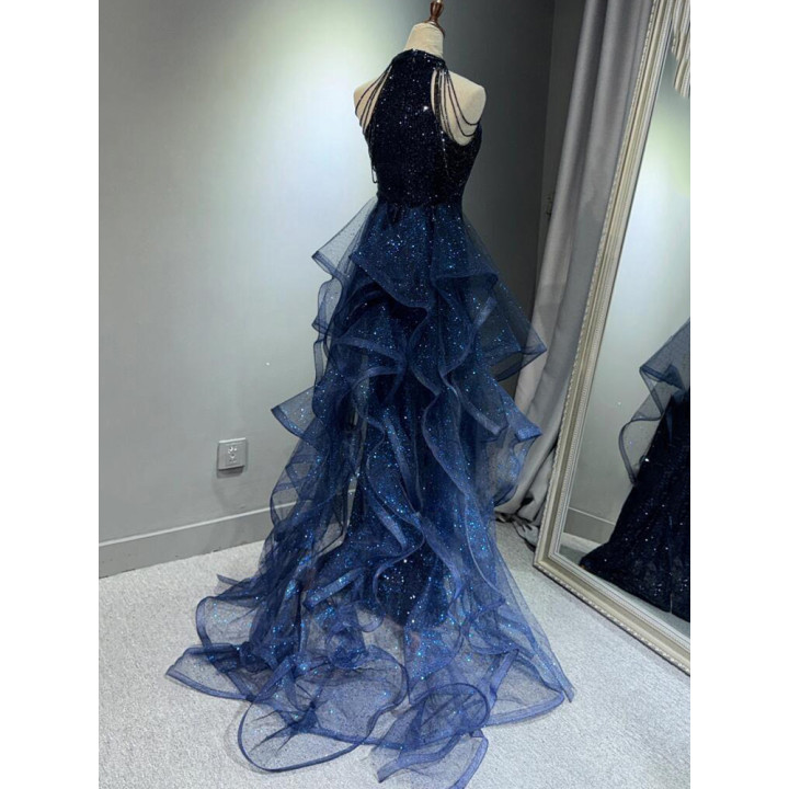 Sequin Halter Beaded Strap Mermaid Ruffle Tulle Train Evening Gown | Anvare