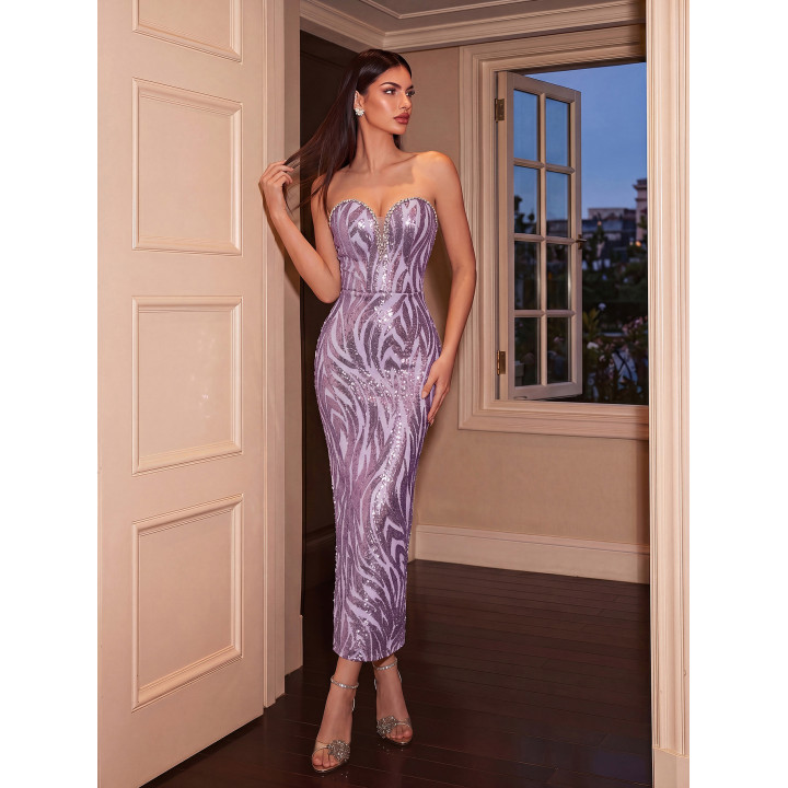 Striped Sequin Strapless Dress With Rhinestone Trim, Sexy And Slim-fitting For Dinner Parties And Evening Events | Anvare