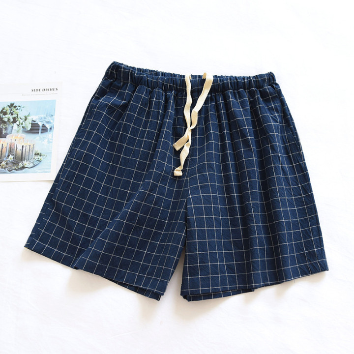 Home Wearable Washed Cotton Plaid Short Pyjama Trousers | Anvare