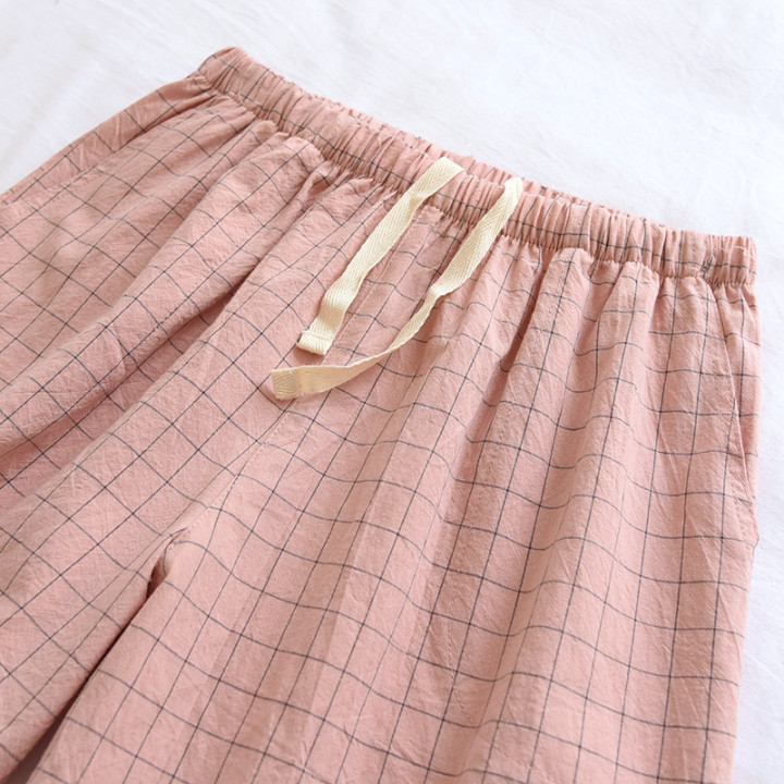 Home Wearable Washed Cotton Plaid Short Pyjama Trousers | Anvare