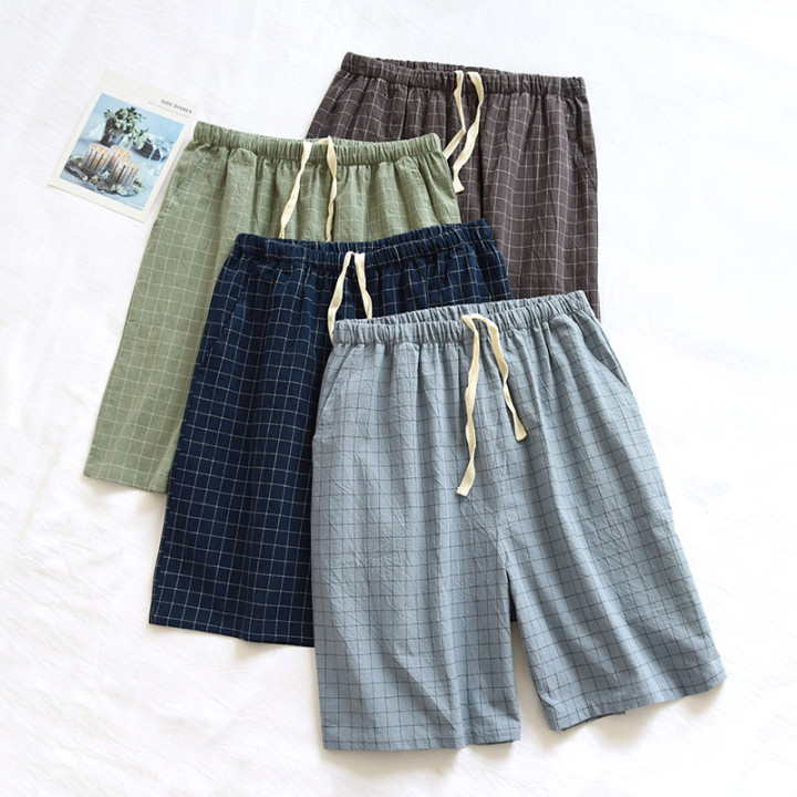 Home Wearable Washed Cotton Plaid Short Pyjama Trousers | Anvare
