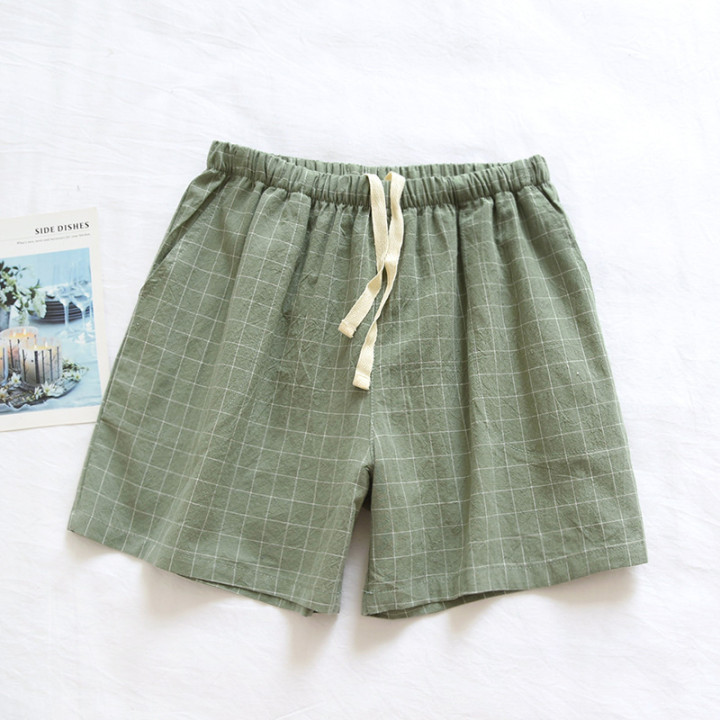 Home Wearable Washed Cotton Plaid Short Pyjama Trousers | Anvare
