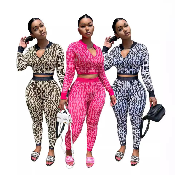 Stretch Knit Printed Set Long-Sleeve Two-Piece | Anvare