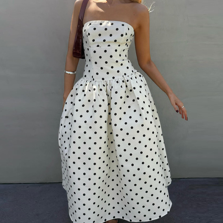 French-style Elegant Vintage Women's Polka-dot Printed Tube-top Waist-slimming Dress | Anvare