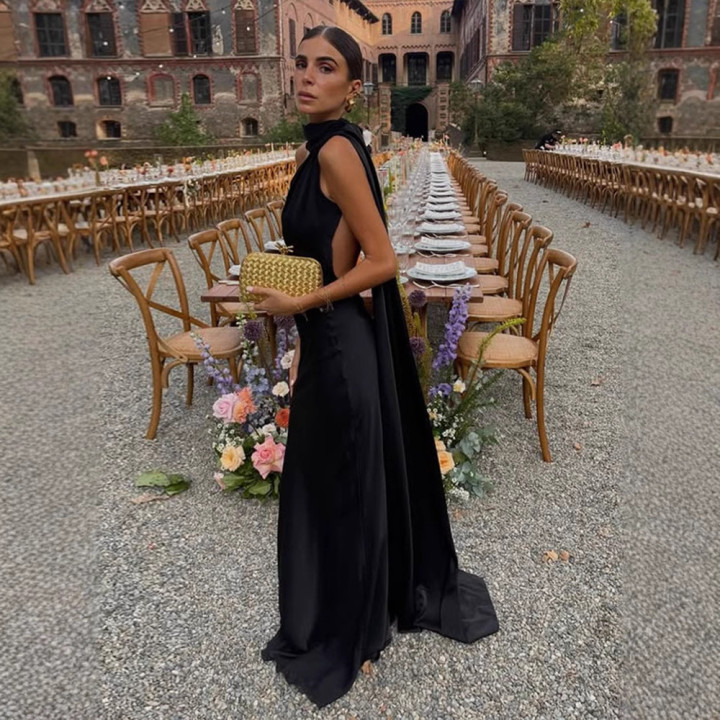 Womens French-style Satin Halter-neck Backless Dress | Anvare