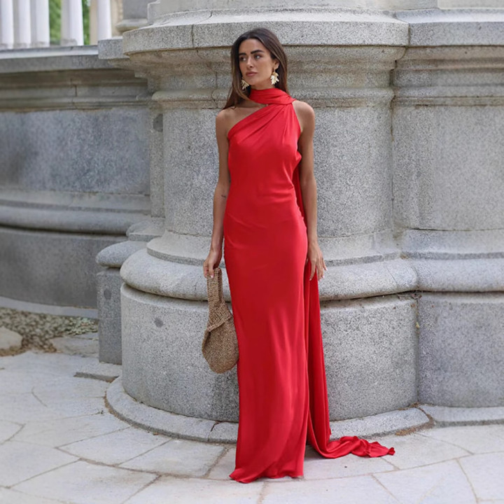 Womens French-style Satin Halter-neck Backless Dress | Anvare