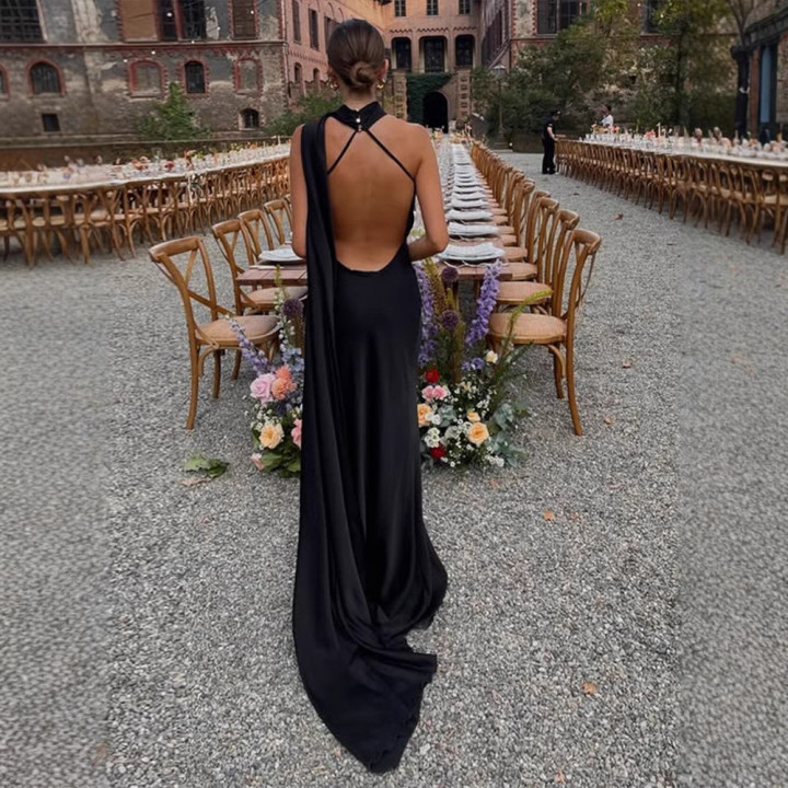 Womens French-style Satin Halter-neck Backless Dress | Anvare