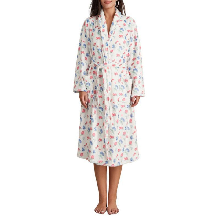 Floral Fruit Print Shawl Collar Bathrobe Floral Print Bathrobe | Anvare