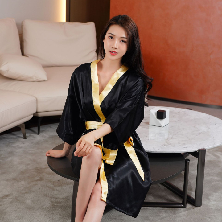 Solid-color Ice-silk Morning Robe Sexy Spliced Bathrobe | Anvare