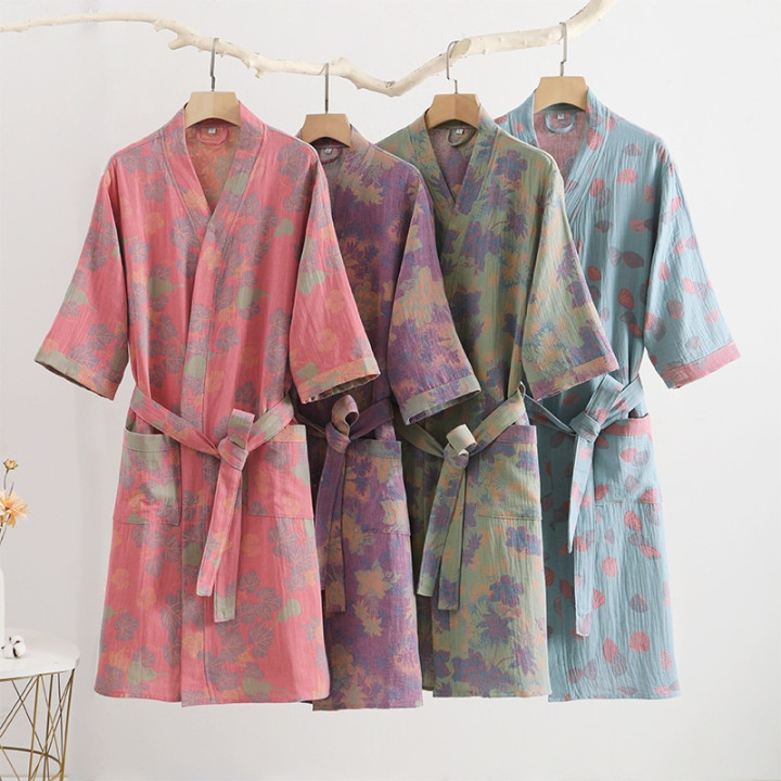 Cotton Double Layer Gauze Bathrobe Thin Summer Pajamas Loungewear Nightgown | Anvare
