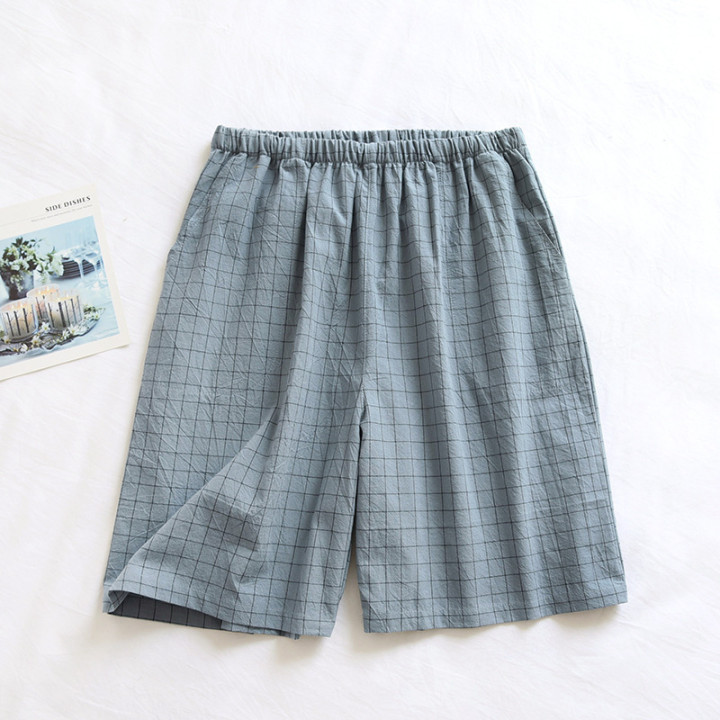 Home Wearable Washed Cotton Plaid Short Pyjama Trousers - Blue Plaid Men's Shorts | Anvare
