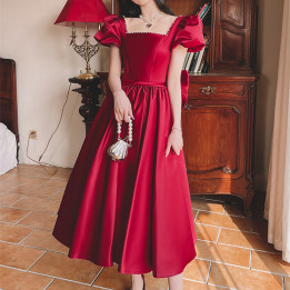 Winter Wine Red Engagement Daily French Princess On The Run Satin Dress | Anvare