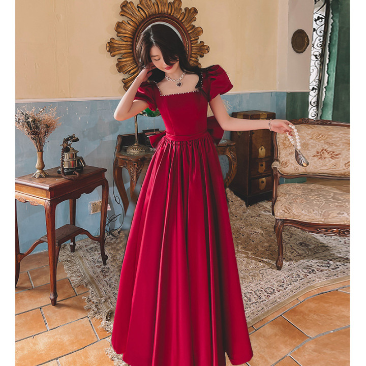 Winter Wine Red Engagement Daily French Princess On The Run Satin Dress | Anvare