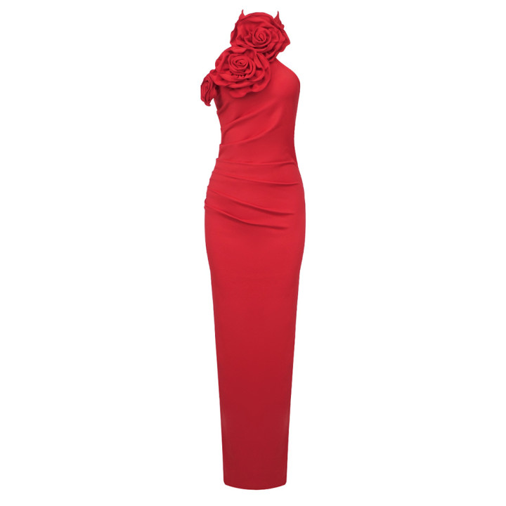 New Style White Ribbon Flower Halter Long High Sense Dress | Anvare
