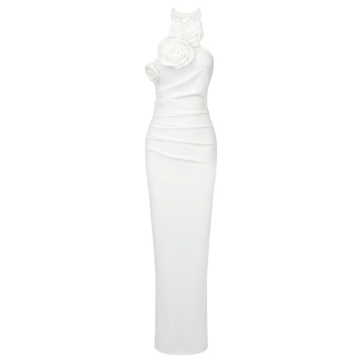 New Style White Ribbon Flower Halter Long High Sense Dress | Anvare