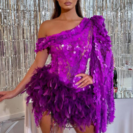 Purple Sequined Feather Skirt One-shoulder Sleeve Short Dress Luxury Party Stage Performance Dress | Anvare