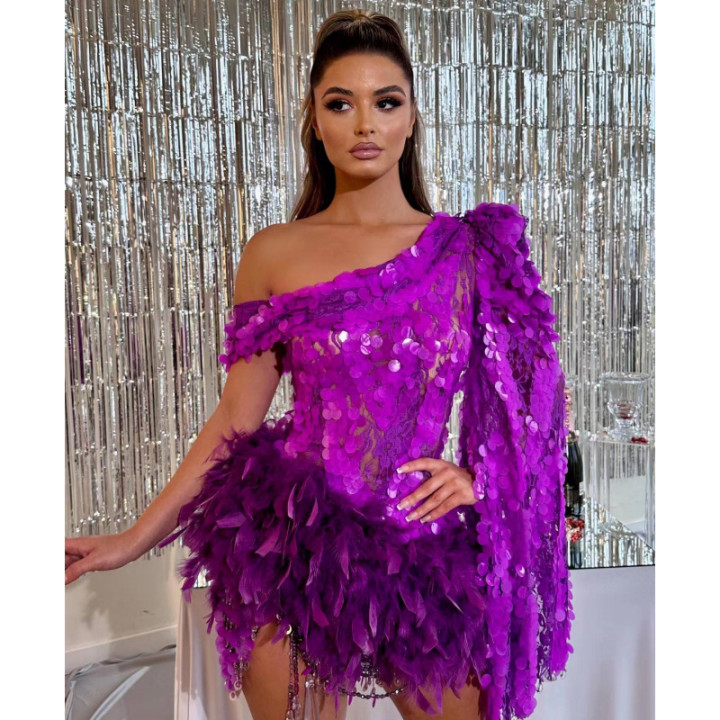 Purple Sequined Feather Skirt One-shoulder Sleeve Short Dress Luxury Party Stage Performance Dress | Anvare