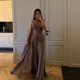 Pleated Ribbon Satin Evening Dress | Anvare