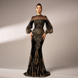 Long Sleeve Round Neck Sequins Mesh Fishtail Evening Dress | Anvare