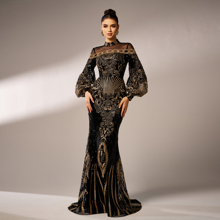 Long Sleeve Round Neck Sequins Mesh Fishtail Evening Dress | Anvare