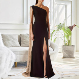 One-shoulder Cloak Slit Black Dress | Anvare