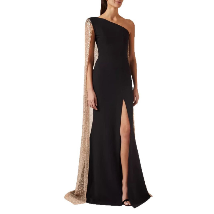 One-shoulder Cloak Slit Black Dress | Anvare