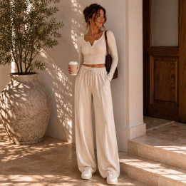 Ribbed Short-length Long-sleeve Top And Wide-leg Pants Two-piece Set | Anvare