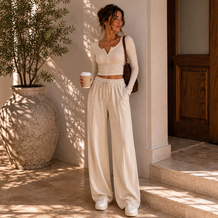 Ribbed Short-length Long-sleeve Top And Wide-leg Pants Two-piece Set | Anvare