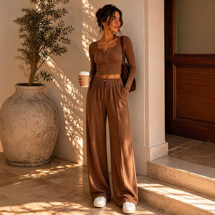 Ribbed Short-length Long-sleeve Top And Wide-leg Pants Two-piece Set | Anvare