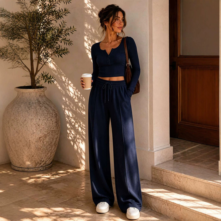 Ribbed Short-length Long-sleeve Top And Wide-leg Pants Two-piece Set | Anvare
