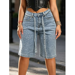 New Summer Women's Rhinestone-Embellished, Loose-Fitting Straight-Leg Cropped Jeans, Includes A Belt, Comfortable Fit, Summer | 