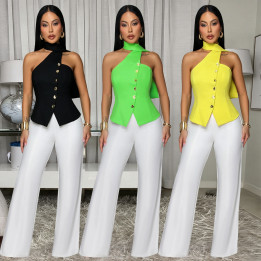 Office-style Halter-neck Fitted Top And Wide-leg Pants Two-piece Set | Anvare
